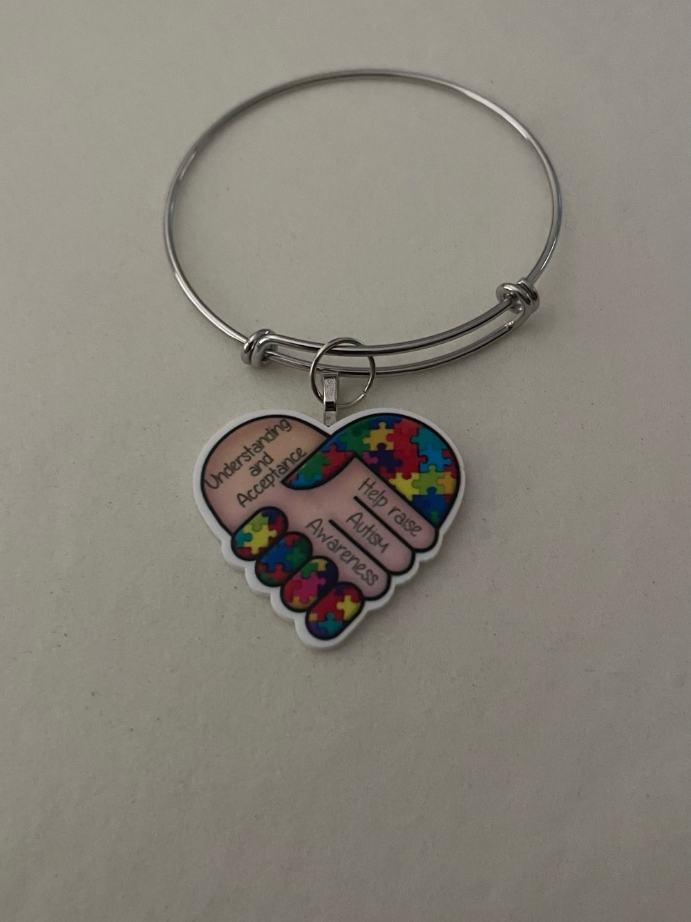 Puzzle Heart Autism Awareness Silver Bangle Bracelet